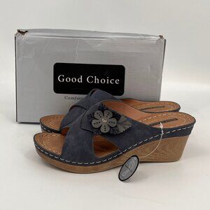 GC Selly Navy Wedge Sandal Size 7.5 Slip-On Faux Leather Memory Foam Sole